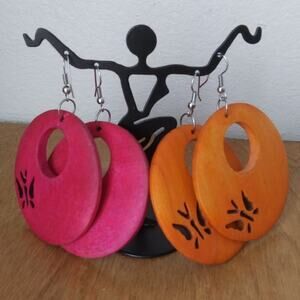 Set of 2 Wooden Disc Earrings Butterfly Cut Outs Cirlce Wood Summer Boho Hippie